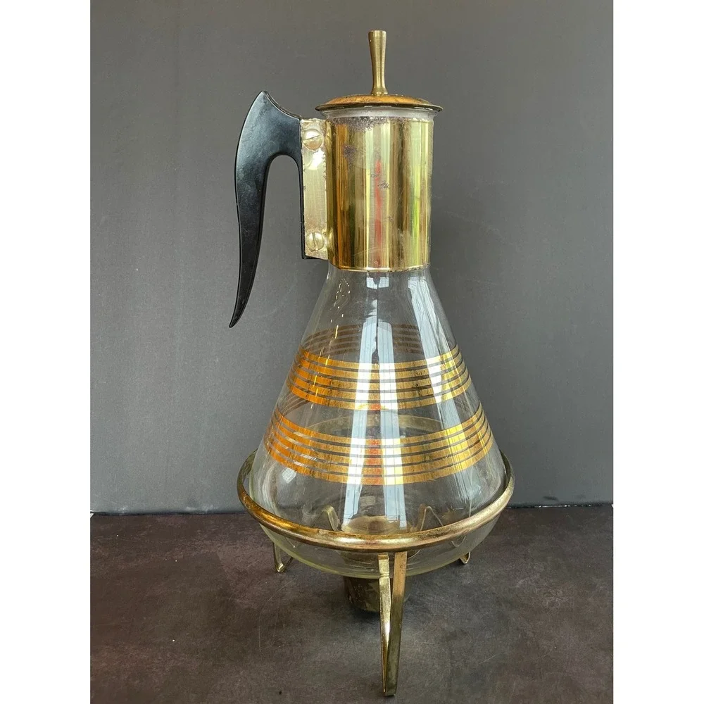 Vintage Pyrex Coffee Carafe Gold Stripes MCM Brass Warming Stand Bakelite Handle
